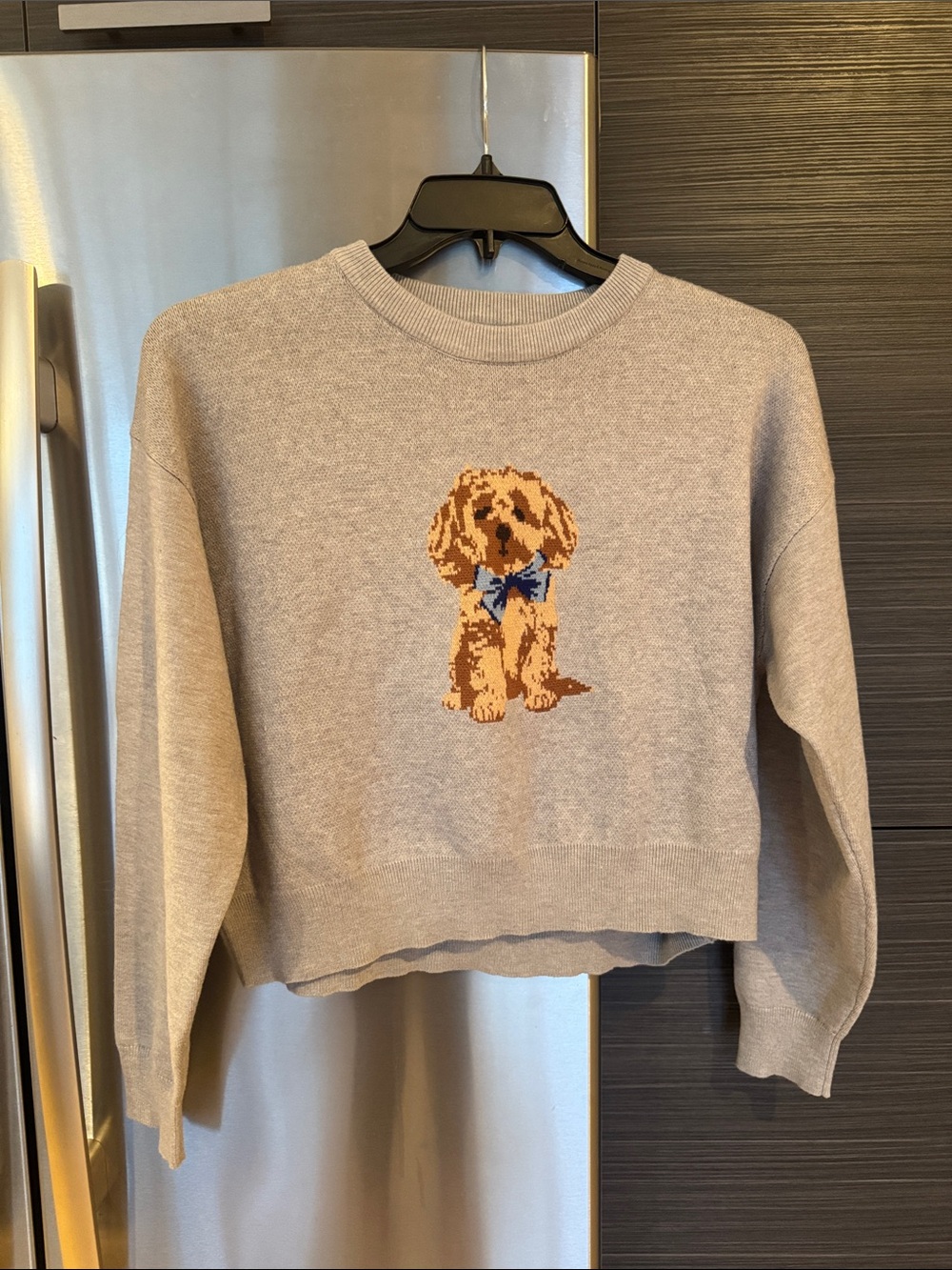 Neutral gray grey Dog Knit Pullover with Puppy Motif doodle